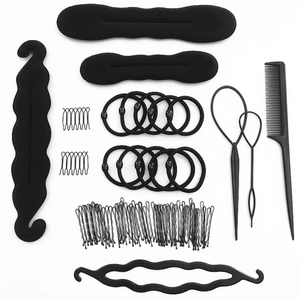 Complete black hair styling tool set with combs, hair pins and sponge bun makers