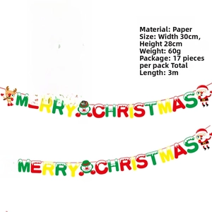 Close-up of paper Christmas banner featuring Santa and reindeer motifs with size details