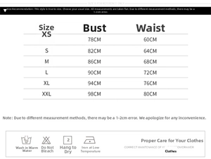 Detailed size chart for the wedding dress featuring measurements from size XS up to XXL