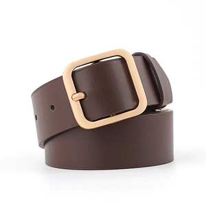 Stylish brown leather belt for women featuring a minimalist square golden metal buckle