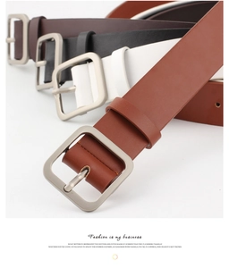 Detail of four versatile soft leather belts with square pin buckles in various colors