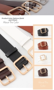 Detail view of square metal buckle belts in black, brown, white and coffee colors