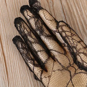 Elegant black spider web lace gloves with floral pattern for Halloween cosplay and party