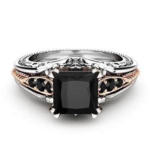 Vintage style square black zircon ring with rose gold weave and silver eight-claw setting