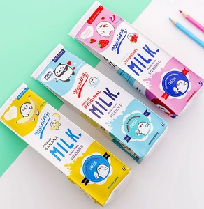 Three cute milk carton pencil cases in yellow banana, blue milk, and pink strawberry designs