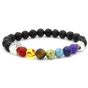Detailed shot of seven chakra lava stone bracelet with silver paw and heart charms