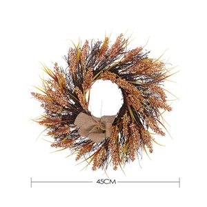 45cm Thanksgiving wreath with wheat stalks, grain pods, and a burlap bow on white background