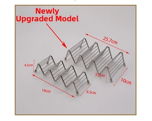 Detailed view of two stainless steel taco holders in 3 and 4 slot sizes with dimensions
