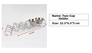 Detail showing stainless steel taco holder with wave design and two sauce cups