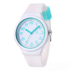 Detail of white silicone watch with vibrant sky blue numerals and matching strap loop