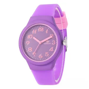 Detail view of purple silicone jelly watch with pink Arabic numerals for kids