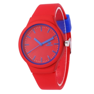Minimalist red and blue silicone sports watch with quartz movement on white background