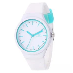 Detail view of white silicone watch band with stylish cyan accent blocks and round dial