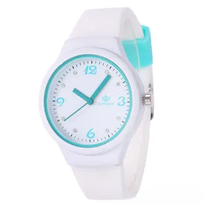 Close-up of RINNADY quartz watch with white silicone strap and teal inner dial details