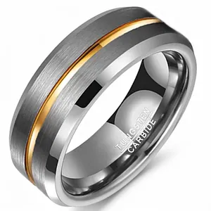 Polished silver tungsten ring for men with a gold-plated center groove and brushed finish