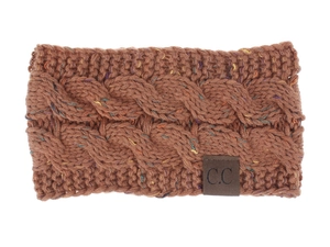Detail of brown cable knit headband with colorful flecks and a C.C leather brand label