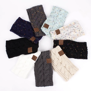 Multi-color cable knit winter headbands set with stylish leather branding patches