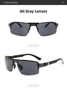 Detail of dark grey sports sunglasses with metal frame and sleek full grey lenses