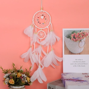 Detailed view of white dream catcher with soft feathers and double woven hoops on wall