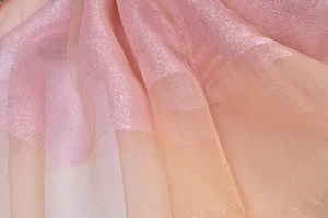 Close-up of sheer silk organza fabric with pink gradient and metallic gold fringe detail