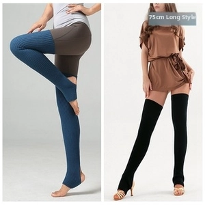 Detailed view of 75cm ribbed knit leg warmers showing over-knee length and stirrup design