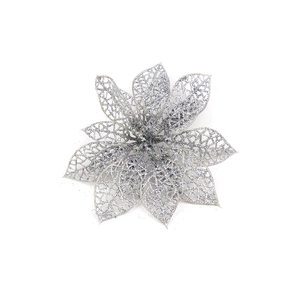 Detail of 15cm silver Christmas poinsettia with glitter mesh petals for tree DIY