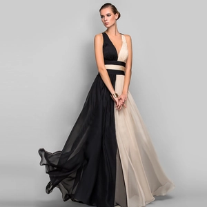 Elegant deep V-neck sleeveless black and cream color-block chiffon maxi evening dress