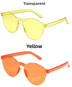 Detail of frameless wrap-around jelly sunglasses in transparent yellow and orange