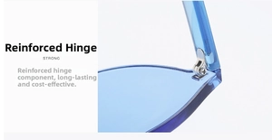 Detail of reinforced metal hinge on blue transparent rimless sunglasses for durability