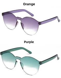 Detail view of frameless gradient sunglasses in purple and teal with model WS 8910