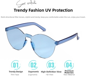 Detail view of blue rimless sunglasses with seamless integrated frame design