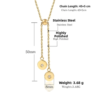 Detailed view of polished stainless steel gold necklace with 8mm zircon circle pendants