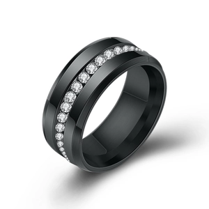 Black brushed stainless steel 8mm ring with single row of cubic zirconia stones