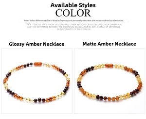 Comparison showing smooth and matte amber bead necklace textures for babies and toddlers
