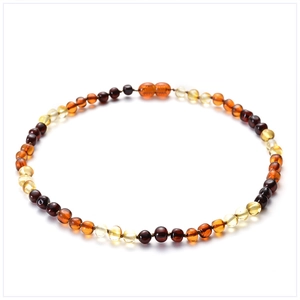 Detailed view of colorful natural amber beads necklace with secure hand-knotted thread