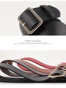 Detail of lychee pattern leather belts with matte metal square buckles in various colors
