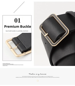 Detail of wide black leather belt featuring golden buckle and lychee grain texture