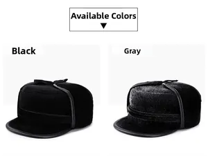Detail view of thickened faux mink fur winter caps with earflaps in black and grey
