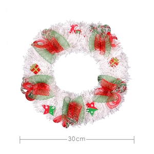 White Christmas wreath with red and green bows, reindeer ornaments, 30cm festive decor