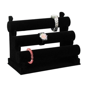 3-tier black velvet bracelet display stand detail, ideal for organizing watches and chains.