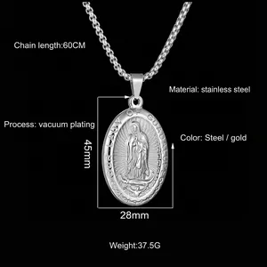 Vintage stainless steel oval Virgin Mary pendant necklace with 60cm chain for men and women