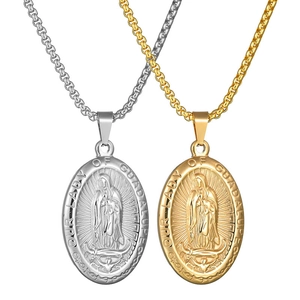 Retro stainless steel Our Lady of Guadalupe oval pendant necklaces in gold and silver