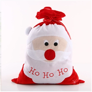 Christmas Santa drawstring gift bag in red velvet with Ho Ho Ho embroidery and white snowflakes