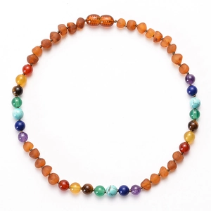 Baby Amber Teething Necklace Natural Baltic Amber With Rainbow Gemstone Beads For Infants Toddlers Handmade Safety Screw Clasp Jewelry