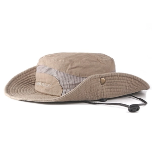 Outdoor khaki cotton bucket hat with breathable mesh and adjustable chin strap