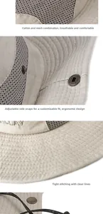 Detail of cotton bucket hat featuring breathable mesh panels and side press buttons