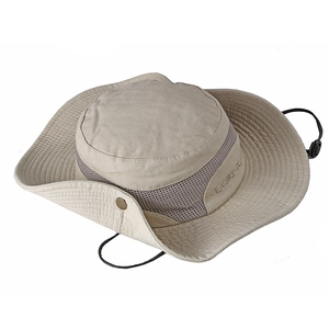 Beige wide brim cotton sun hat with breathable mesh and adjustable windproof strap