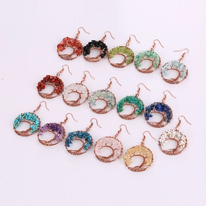 Handmade tree of life earrings with colorful natural stones and copper wire weaving