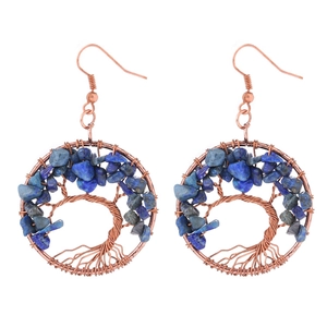 Detail of copper wire tree of life earrings with blue natural crystal stones