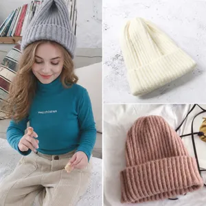 Kids Beanie Hat Solid Color Ribbed Knit Acrylic Stretchy Cuffed Warm Winter Cap For Toddler Boys Girls